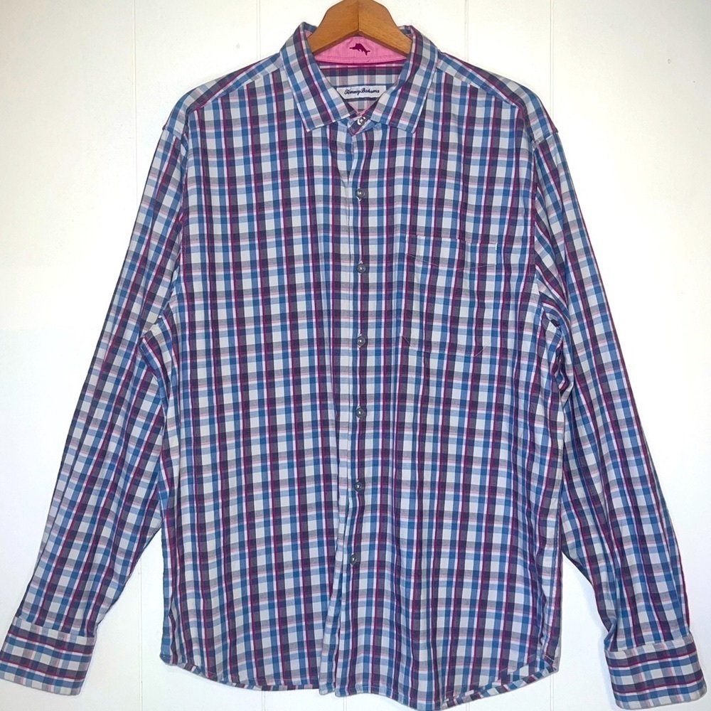 Tommy Bahama Pink Blue White Cotton Silk Checkered Plaid Button Down Shirt L